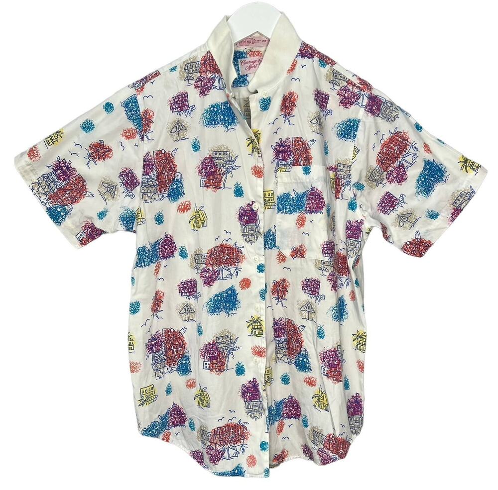 Vintage Carriage Court Sport Womens Blouse Hawaiian Retro M Beach White Button